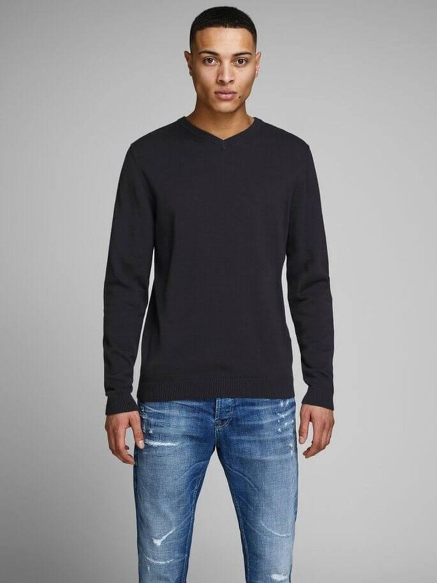 Herre Jack u0026 Jones Strik | Basic Knit V-Neck - Sort