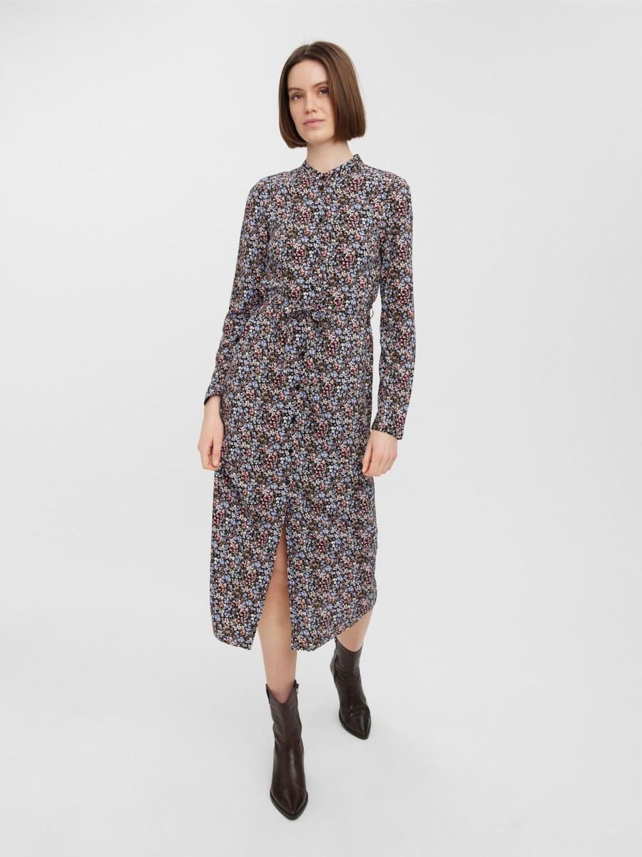 Dame Vero Moda Kjoler | Easy Lang Skjortekjole - Sort M. Bla Blomster