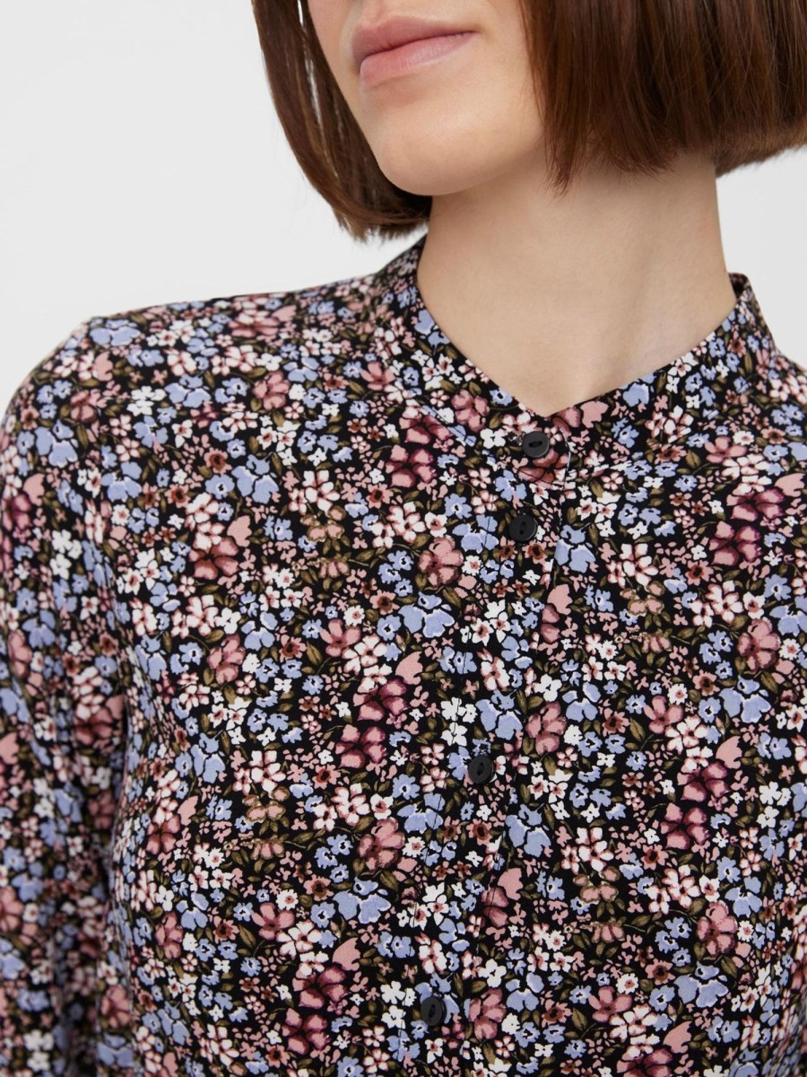 Dame Vero Moda Kjoler | Easy Lang Skjortekjole - Sort M. Bla Blomster