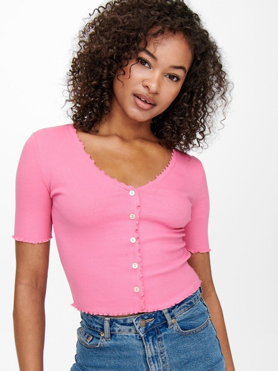 Dame ONLY T-Shirts & Toppe | Laila Button Top - Sachet Pink