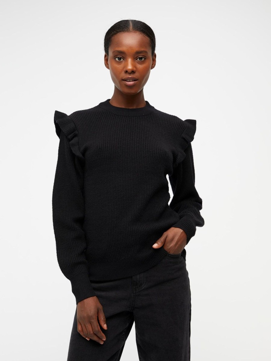 Dame Object Strik | Malena Ruffle Pullover Strik - Sort