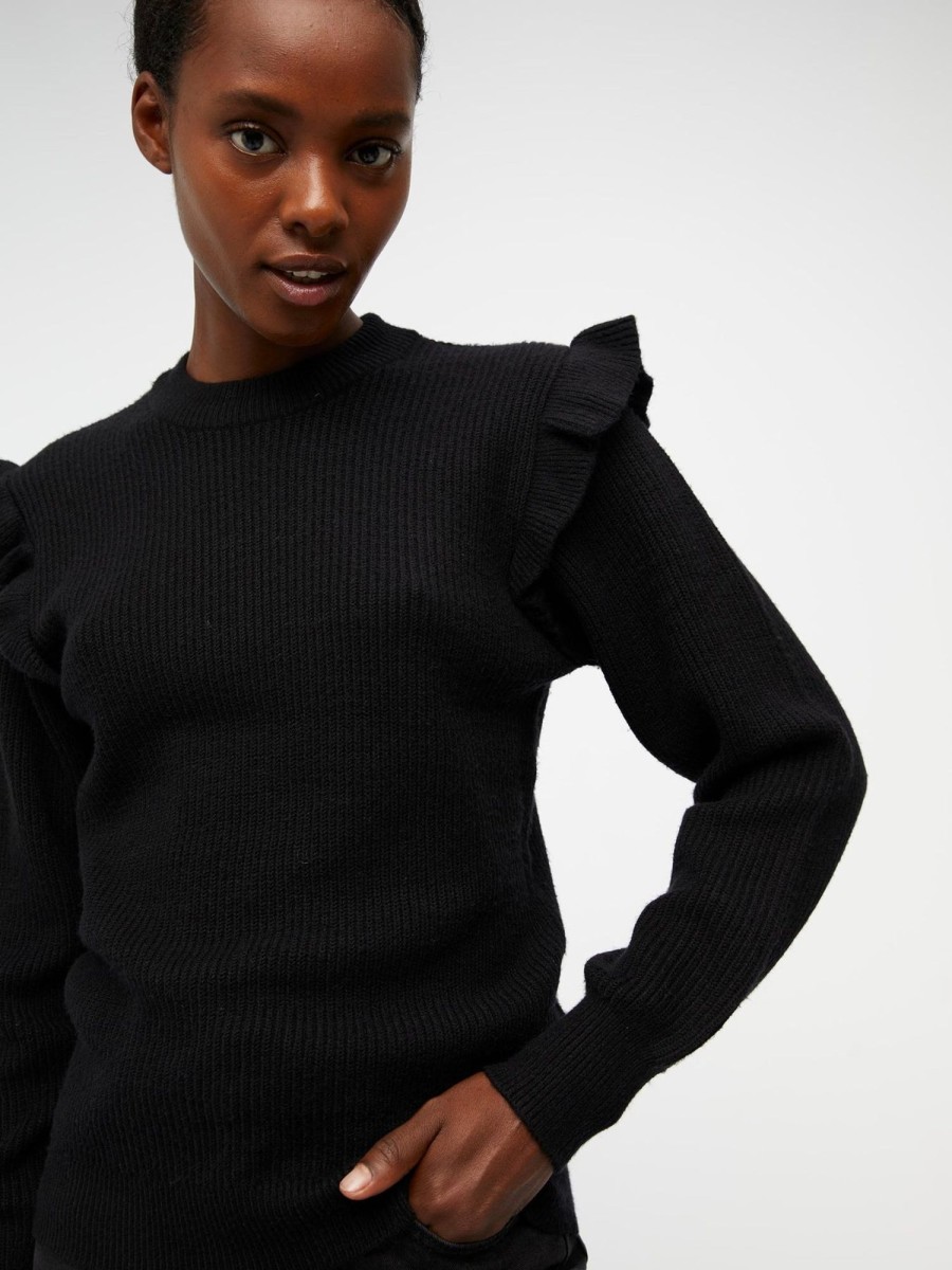 Dame Object Strik | Malena Ruffle Pullover Strik - Sort