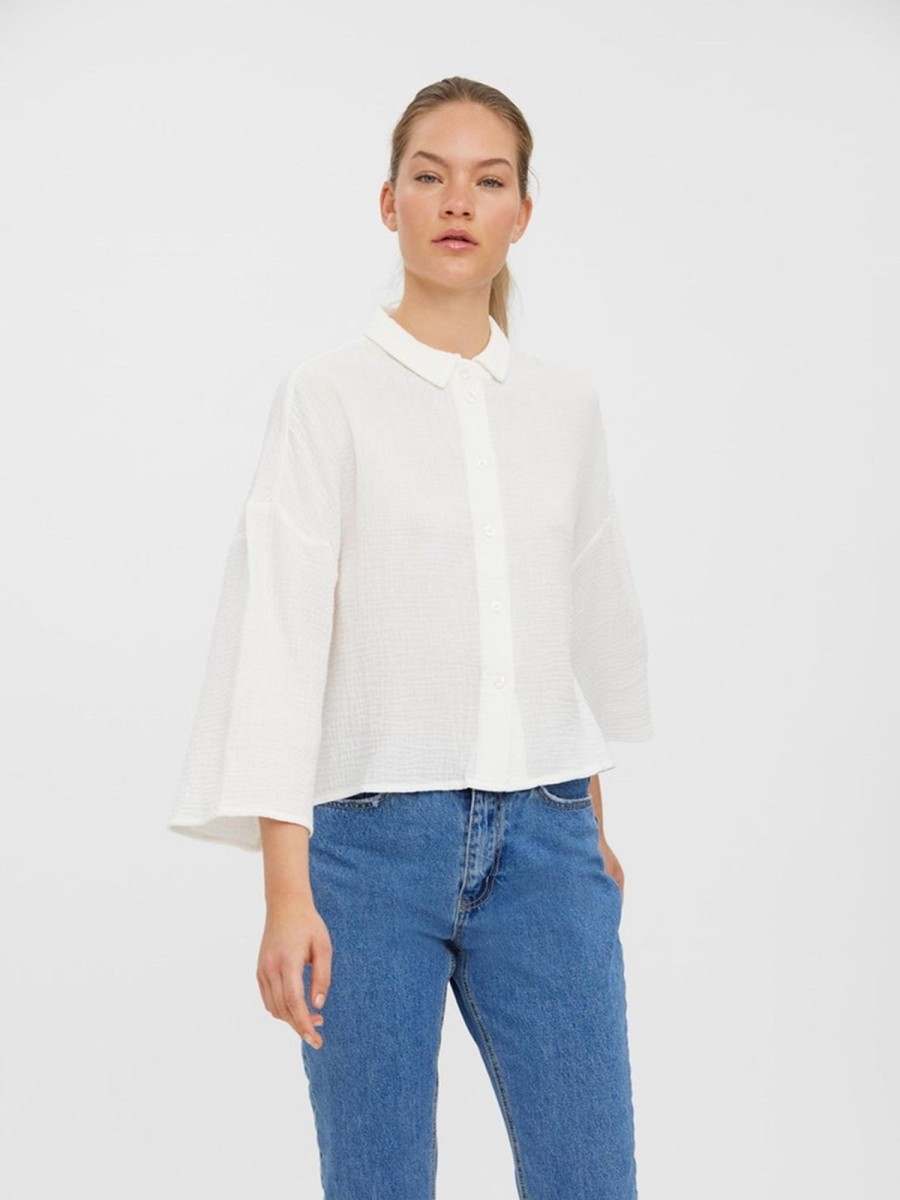 Dame Vero Moda Skjorter & Bluser | Natali 3/4 Crop Shirt - Snow White