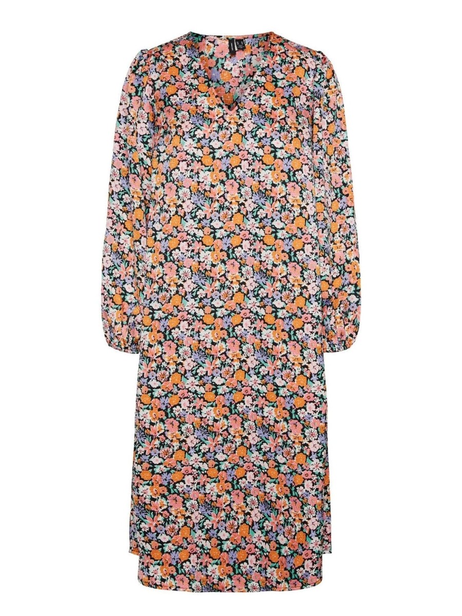 Dame Vero Moda Kjoler | Allys Blomstret Midi Kjole - Sort