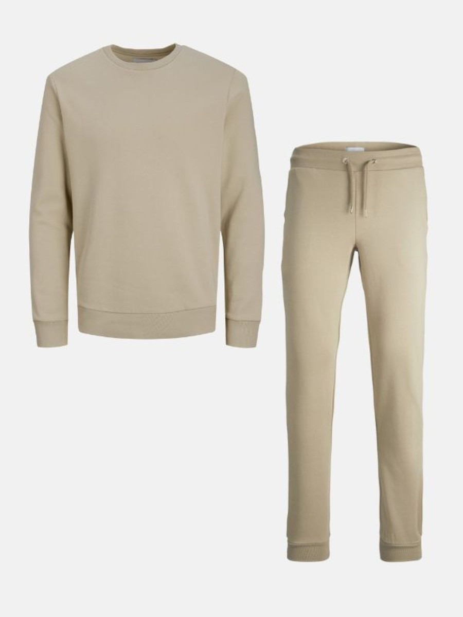 Herre TeeShoppen Trojer | Basic Sweatsaet M. Crewneck (Mork Beige) - Pakketilbud