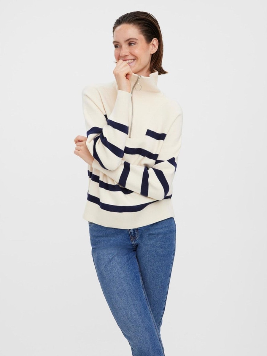 Dame Vero Moda Strik | Saba Stripe Half-Zip Bluse - Birch/Navy Blazer