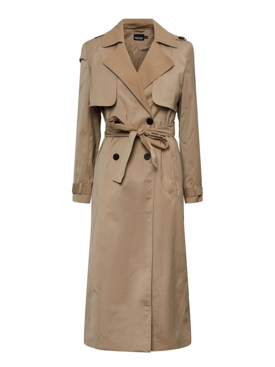 Dame PIECES Jakker & Frakker | Nikkie Long Belt Trenchcoat - Silver Mink