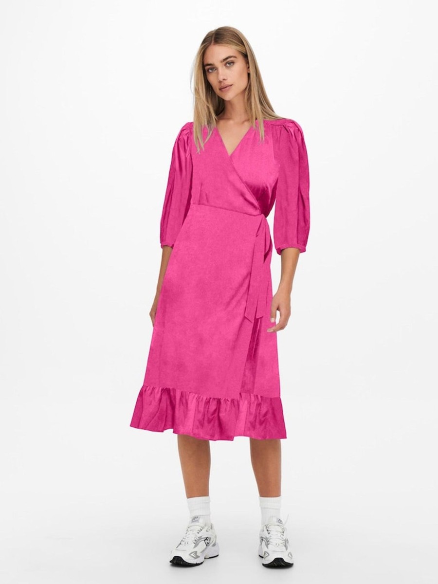 Dame ONLY Kjoler | Olivia 3/4 Wrap Midi Dress - Fuchsia Purple