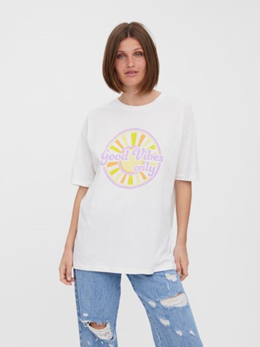 Dame Vero Moda T-Shirts & Toppe | Fia Cody Lang Top - Hvid: Good Vibes Only