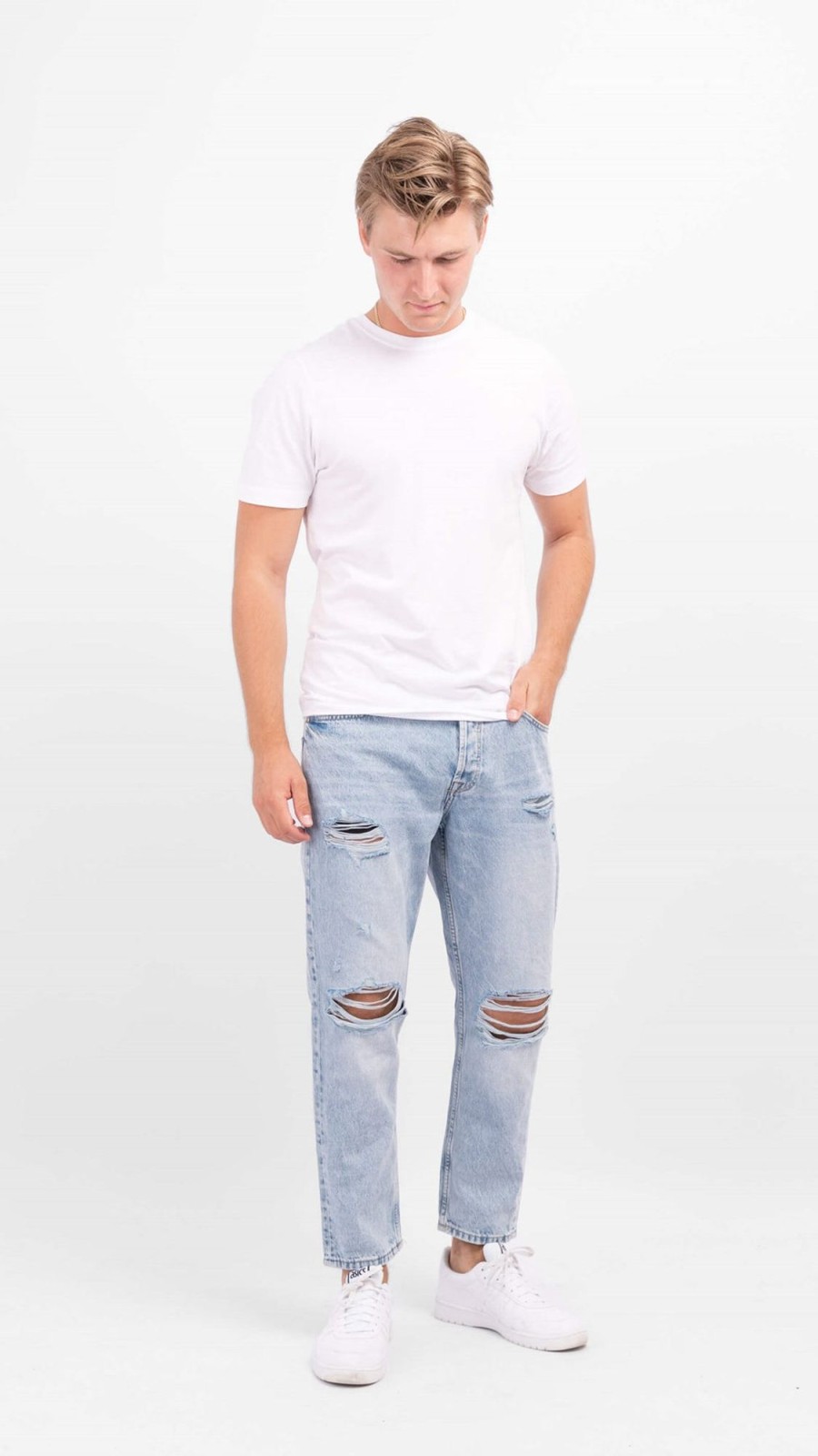 Herre Only u0026 Sons Jeans | Avi Beam Crop Damage - Blue Denim