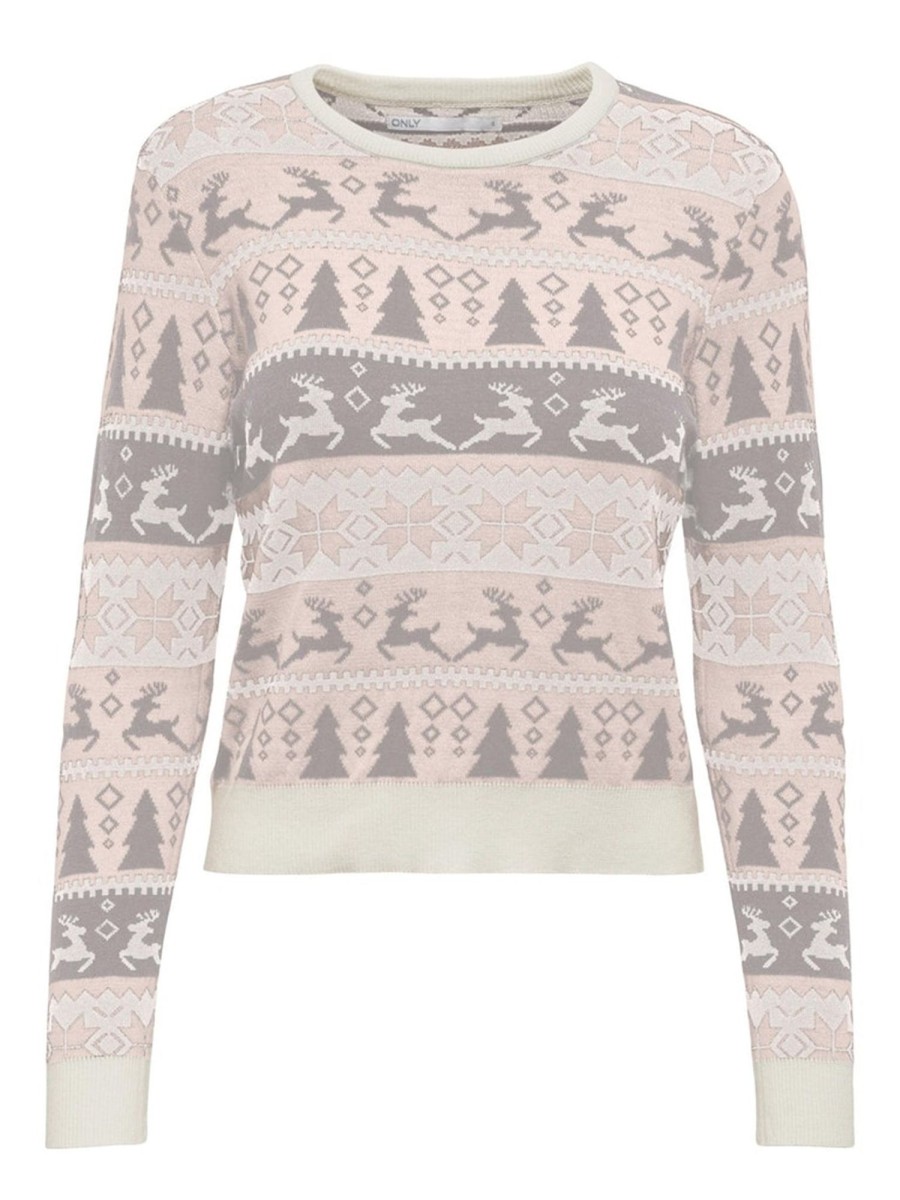 Dame ONLY Strik | Xmas Comfy Deer Pullover - Crystal Pink