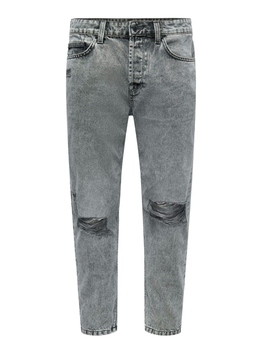 Herre Only u0026 Sons Jeans | Avi Beam Crop Damage - Grey Denim