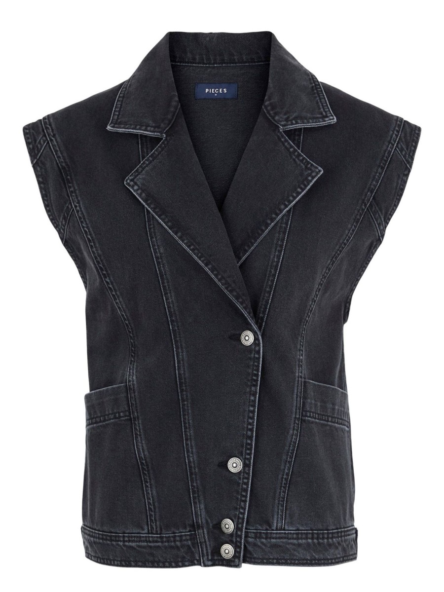 Dame PIECES Veste | Leah Denim Waistcoat - Sort Denim