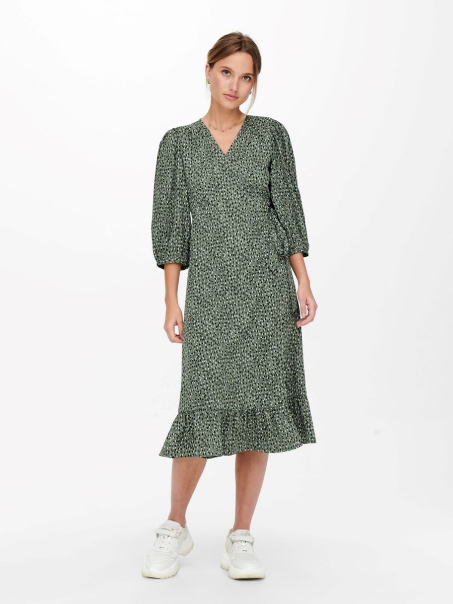 Dame ONLY Kjoler | Olivia 3/4 Wrap Midi Dress - Balsam Green