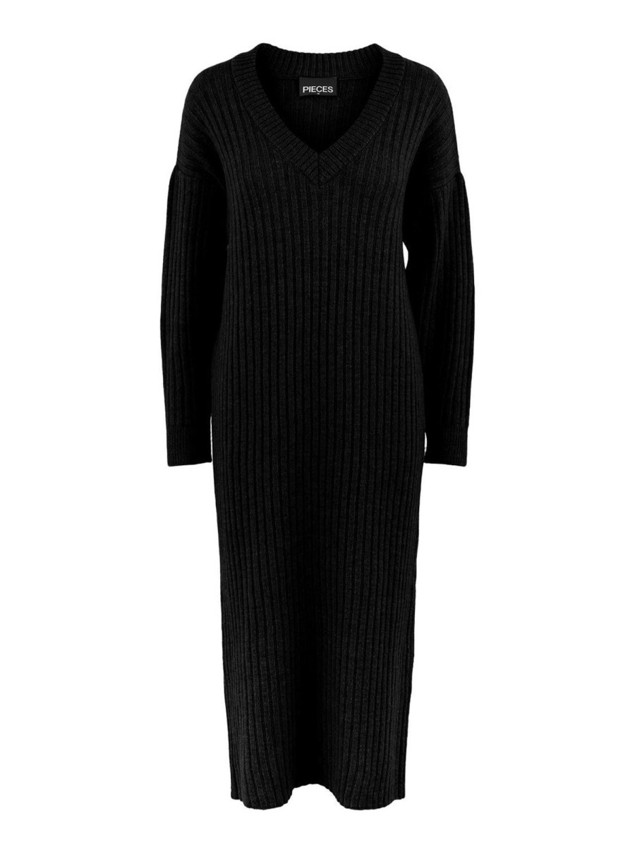 Dame PIECES Kjoler | Silla Midi V-Neck Knit Dress - Sort