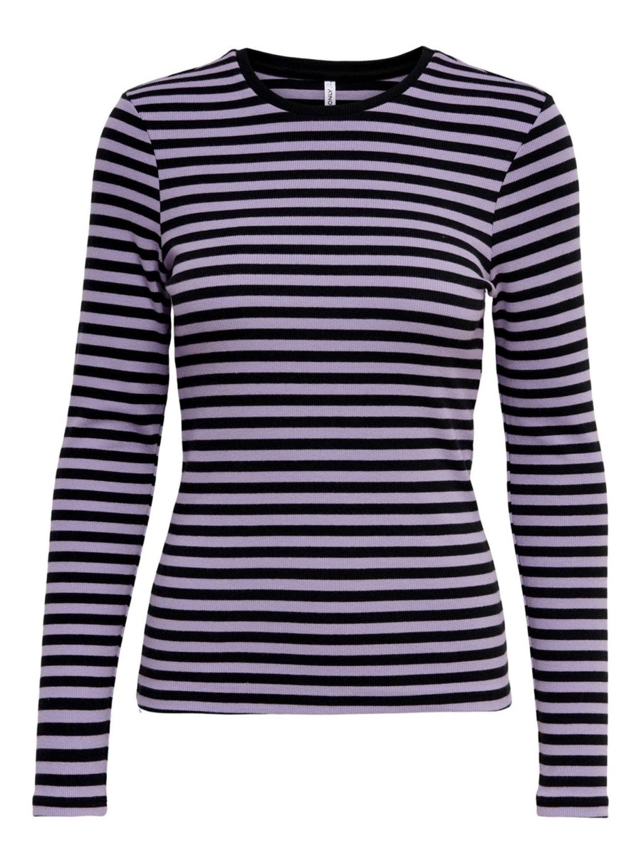 Dame ONLY T-Shirts & Toppe | Line Langaermet Troje - Chalk Violet/Sort