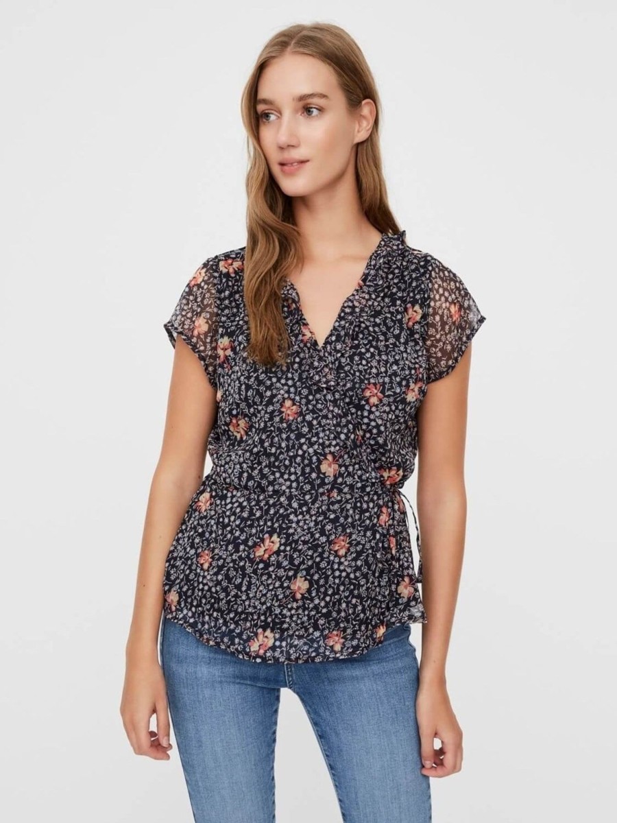 Dame Vero Moda Skjorter & Bluser | Blomstret Wrap Top - Navy