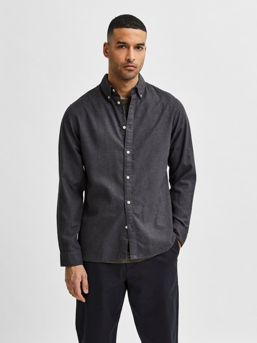 Herre Selected Homme Skjorter | Slim Flannel Skjorte - Sort Melange