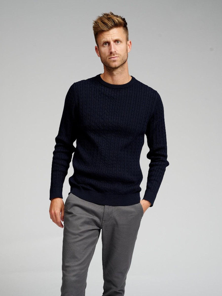 Herre TeeShoppen Strik | Cable Knit Crewneck - Navy