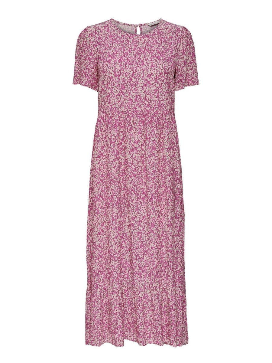 Dame ONLY Kjoler | Malle Midi Kjole - Blomstret Pink