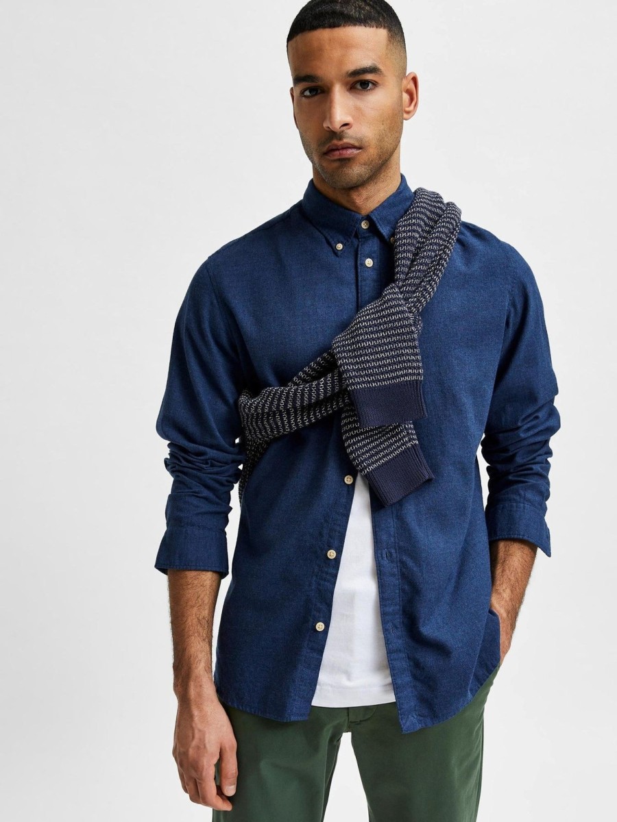 Herre Selected Homme Skjorter | Slim Flannel Skjorte - Dark Sapphire Melange