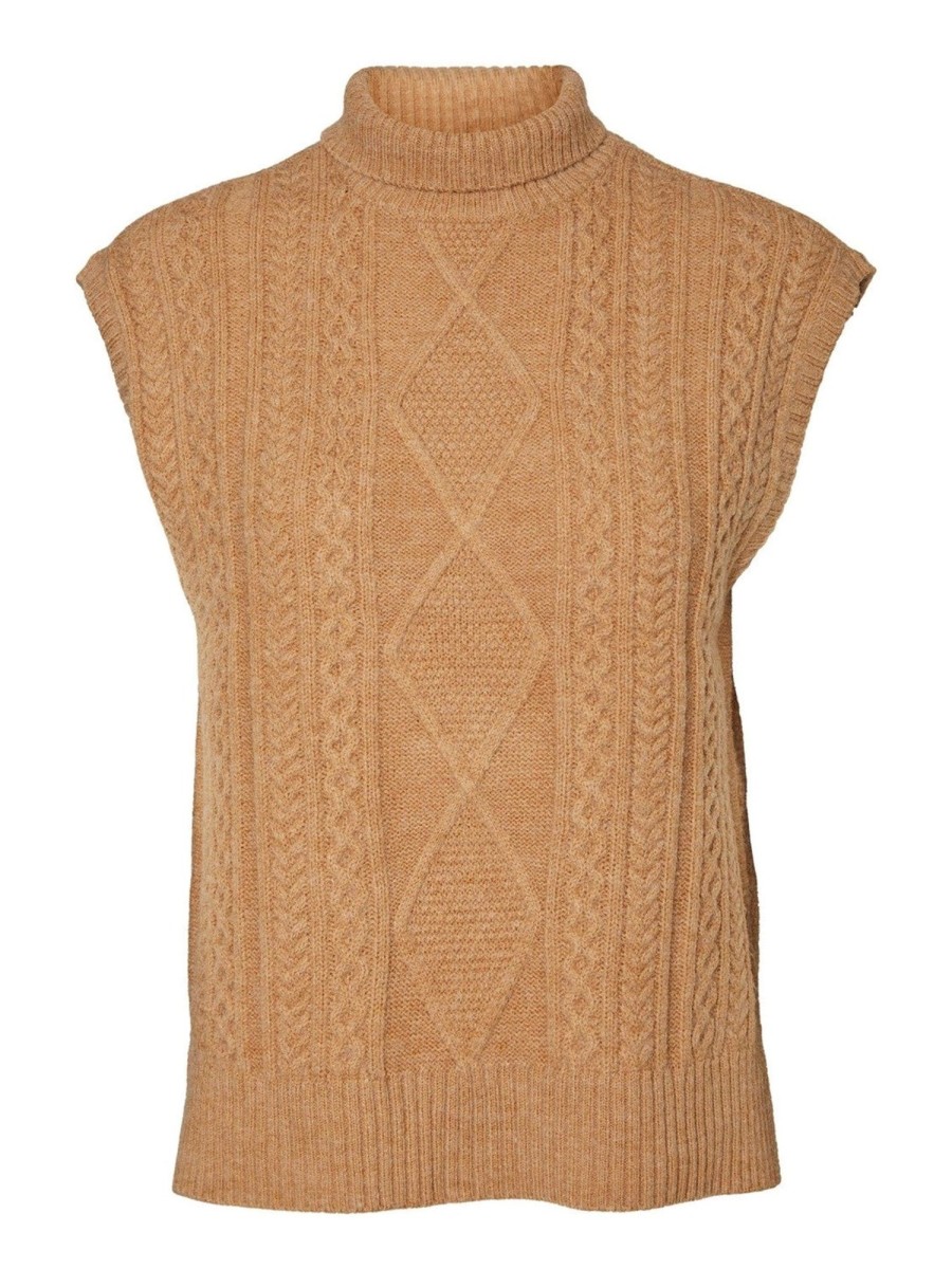 Dame Vero Moda Strik | Amina High Neck Vest - Tan