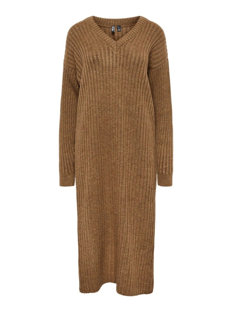 Dame PIECES Kjoler | Silla Midi V-Neck Knit Dress - Deep Taupe