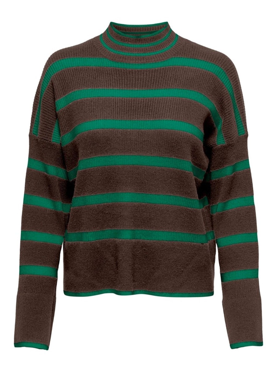 Dame ONLY Strik | Highneck Pullover - Hot Fudge/Green