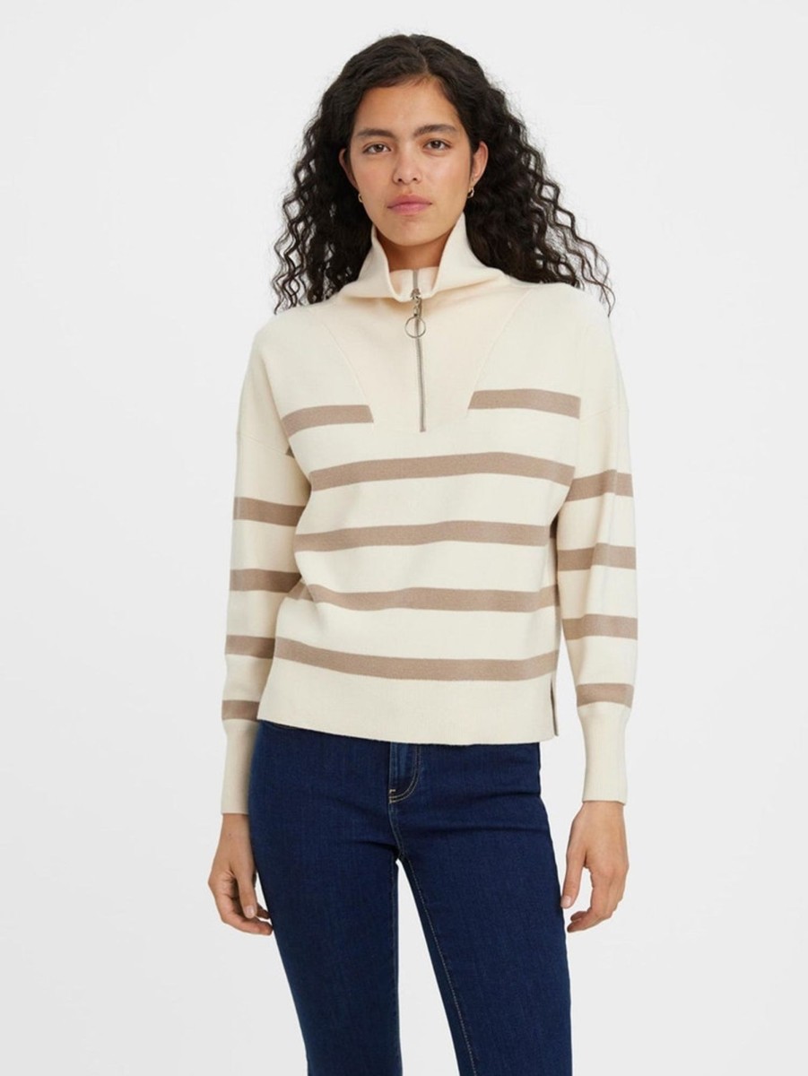 Dame Vero Moda Strik | Saba Stripe Half-Zip Bluse - Birch Brown