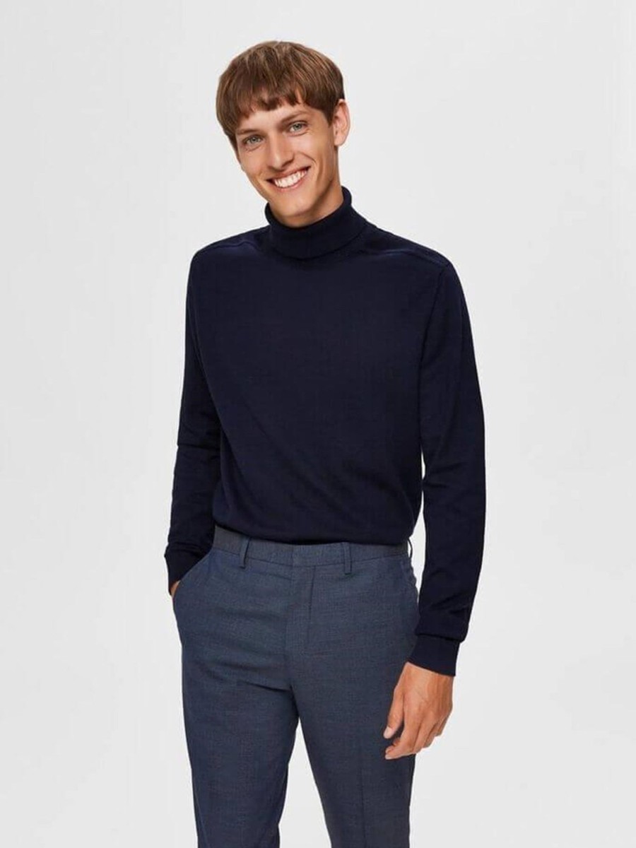 Herre Selected Homme Strik | Pima Bomulds Rullekravetroje - Navy