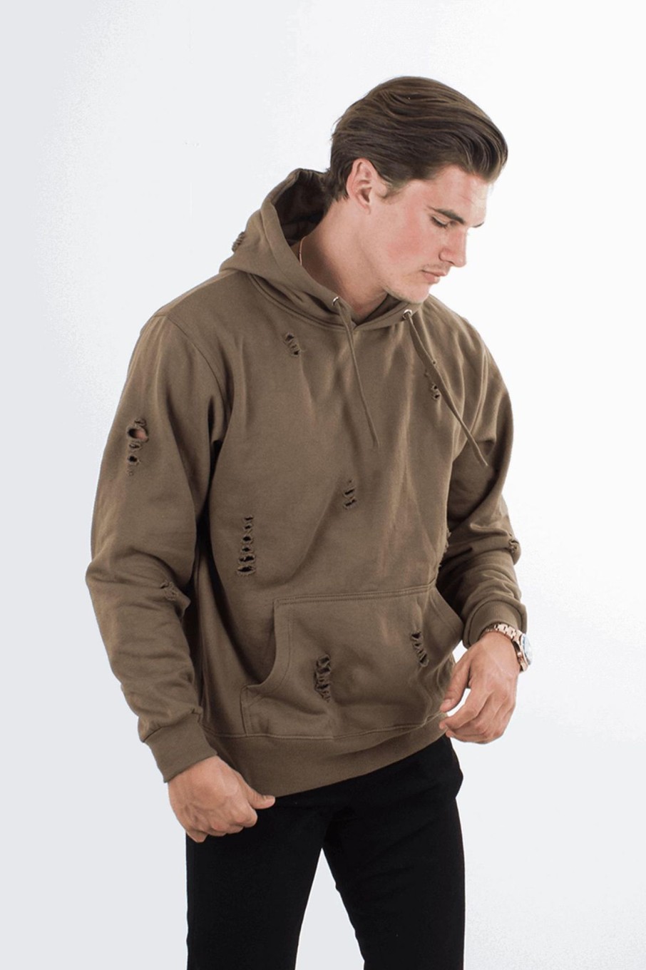 Herre TeeShoppen Trojer | Ripped Hoody - Army Gron