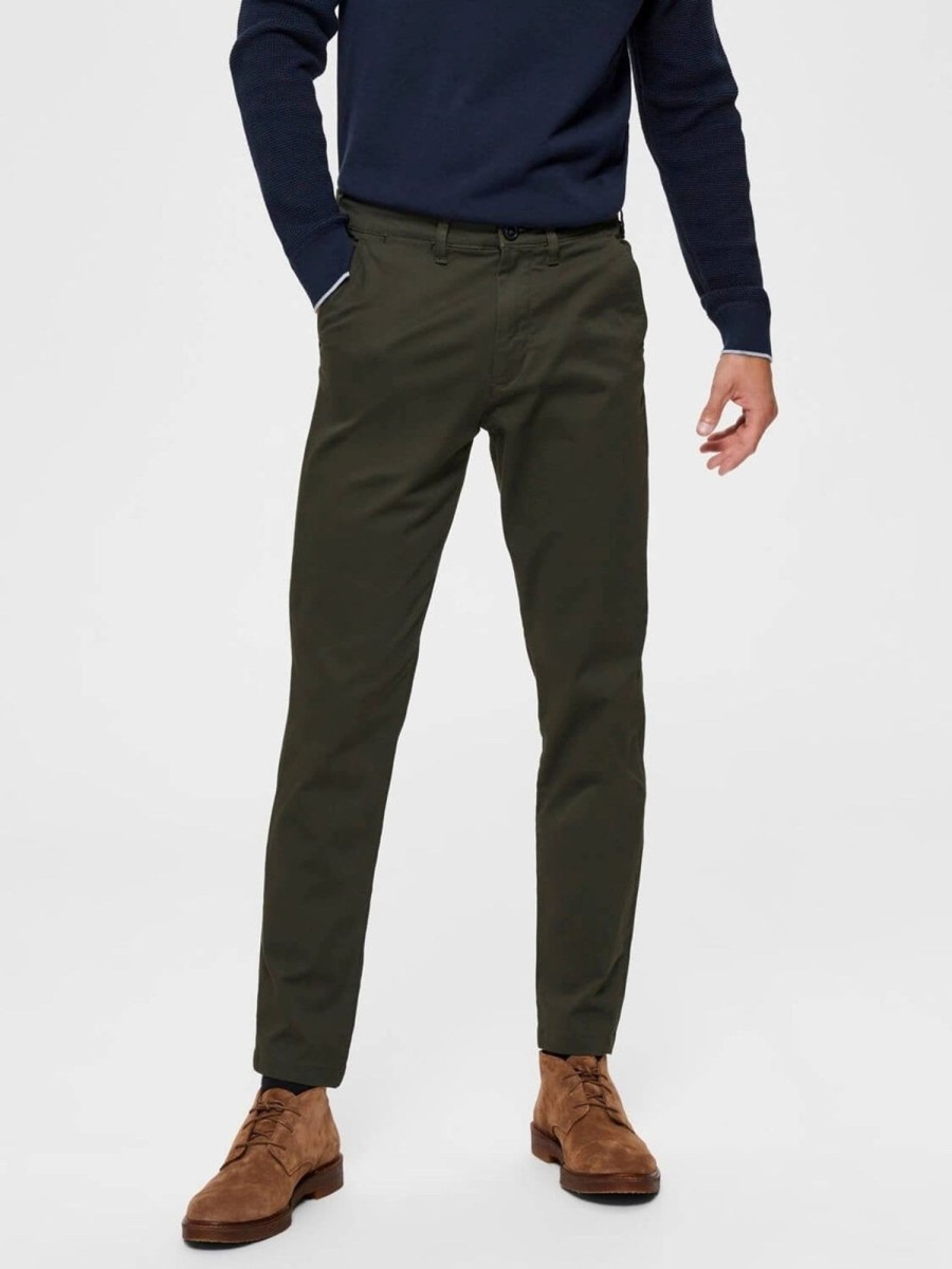 Herre Selected Homme Bukser | Miles Flex Chino Pant - Morke Gron (Okologisk Bomuld)