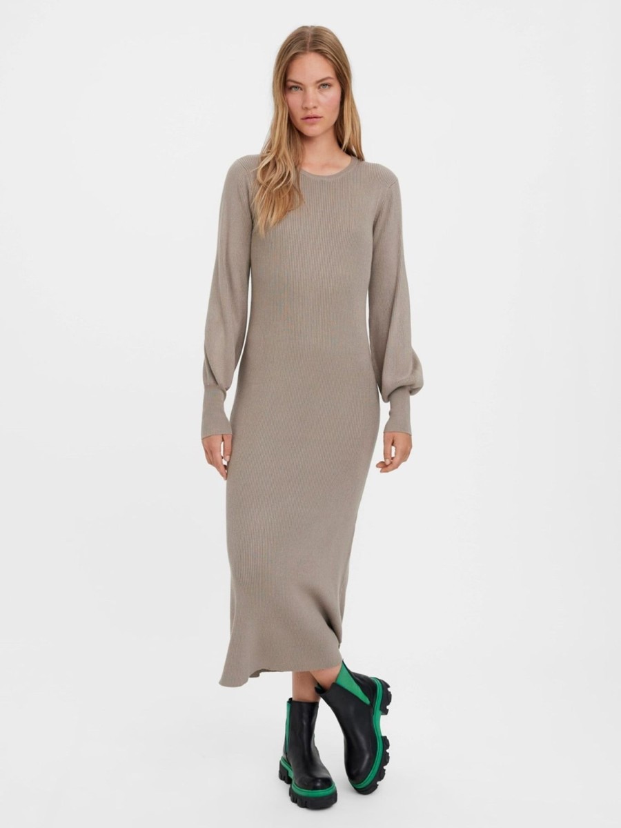 Dame Vero Moda Kjoler | Valor O-Neck Strikkjole - Roasted Cashew